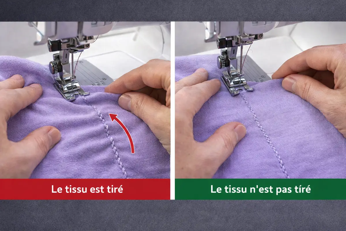 Tissu extensible tiré pendant la couture provoquant une ligne ondulée après relâchement de la matière