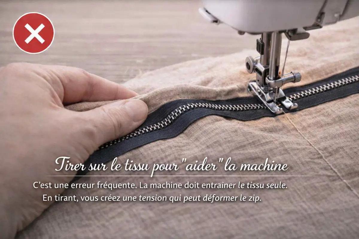 Main tirant sur un tissu pendant la couture d’une fermeture éclair
