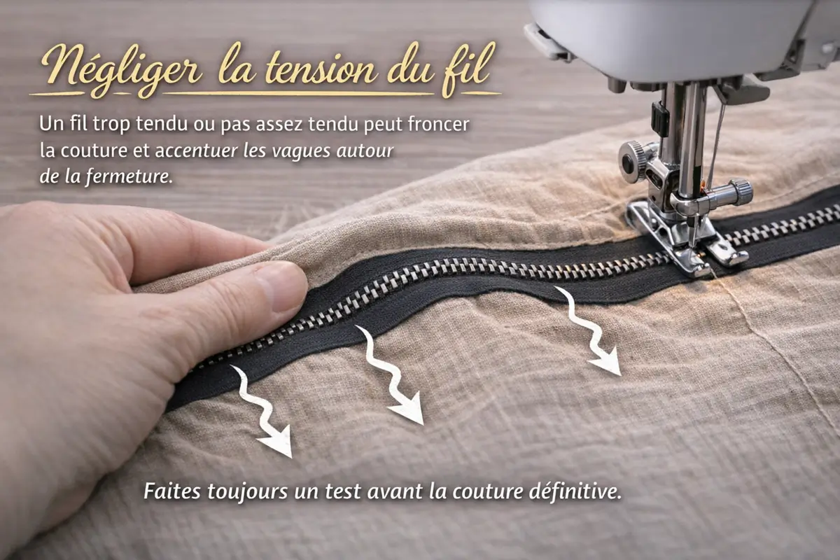 Couture de fermeture éclair déformée par une mauvaise tension du fil
