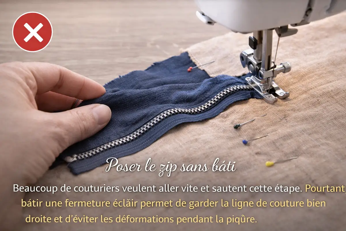Fermeture éclair cousue sans bâti avec déformation visible