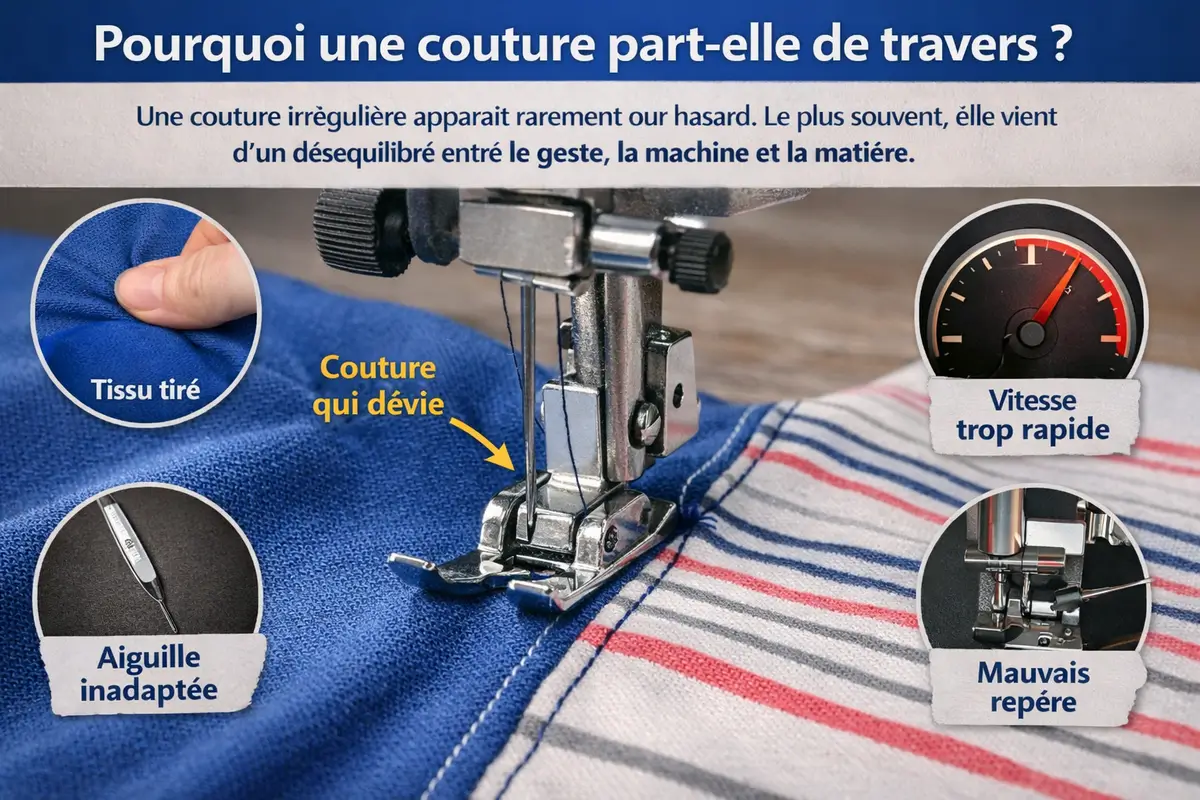 Image horizontale montrant une machine à coudre réalisant une couture qui dévie, avec mise en avant des causes fréquentes : tissu tiré, vitesse trop rapide, aiguille inadaptée et mauvais repère visuel