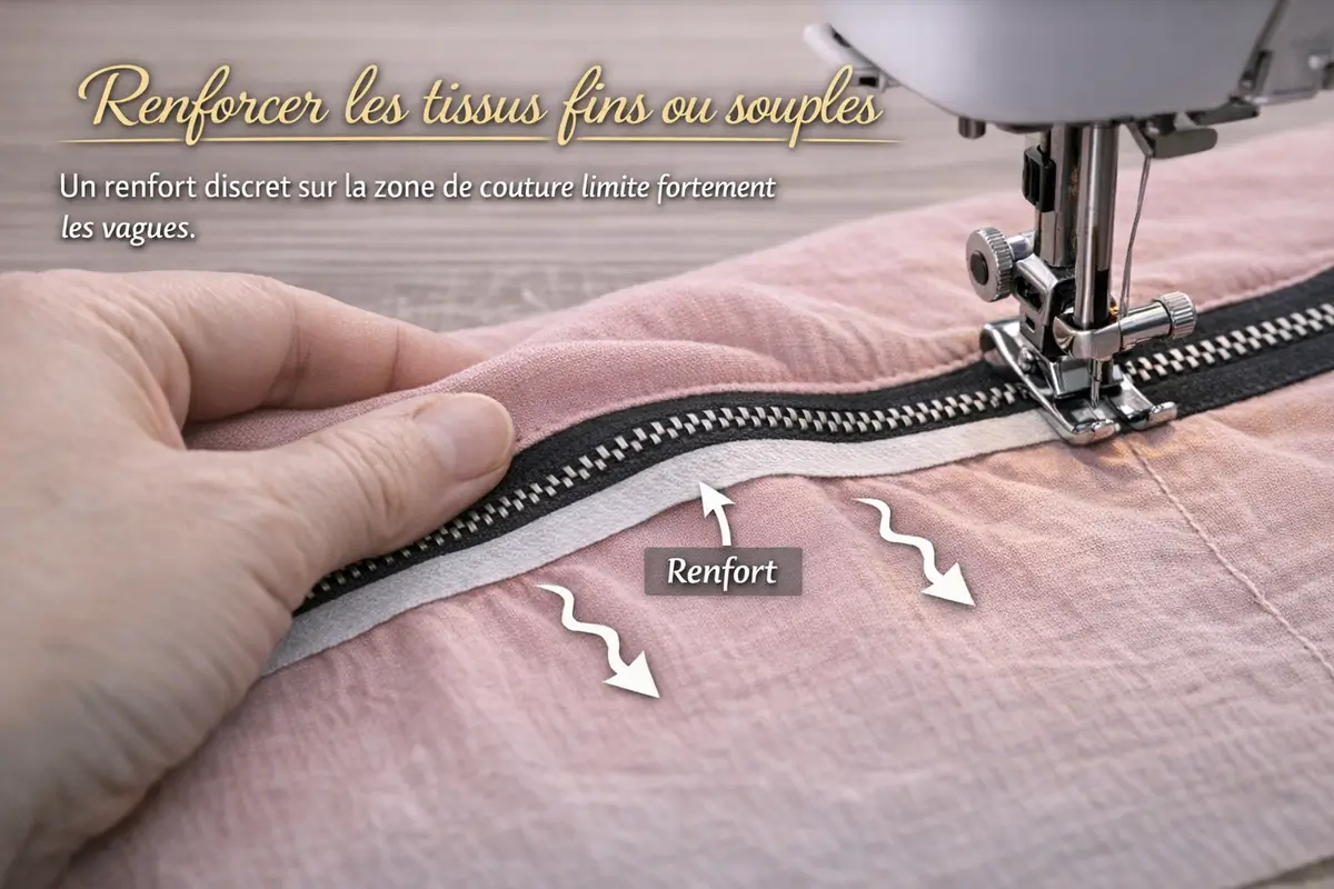 Renfort sous la couture d’un tissu fin avant la pose d’une fermeture éclair