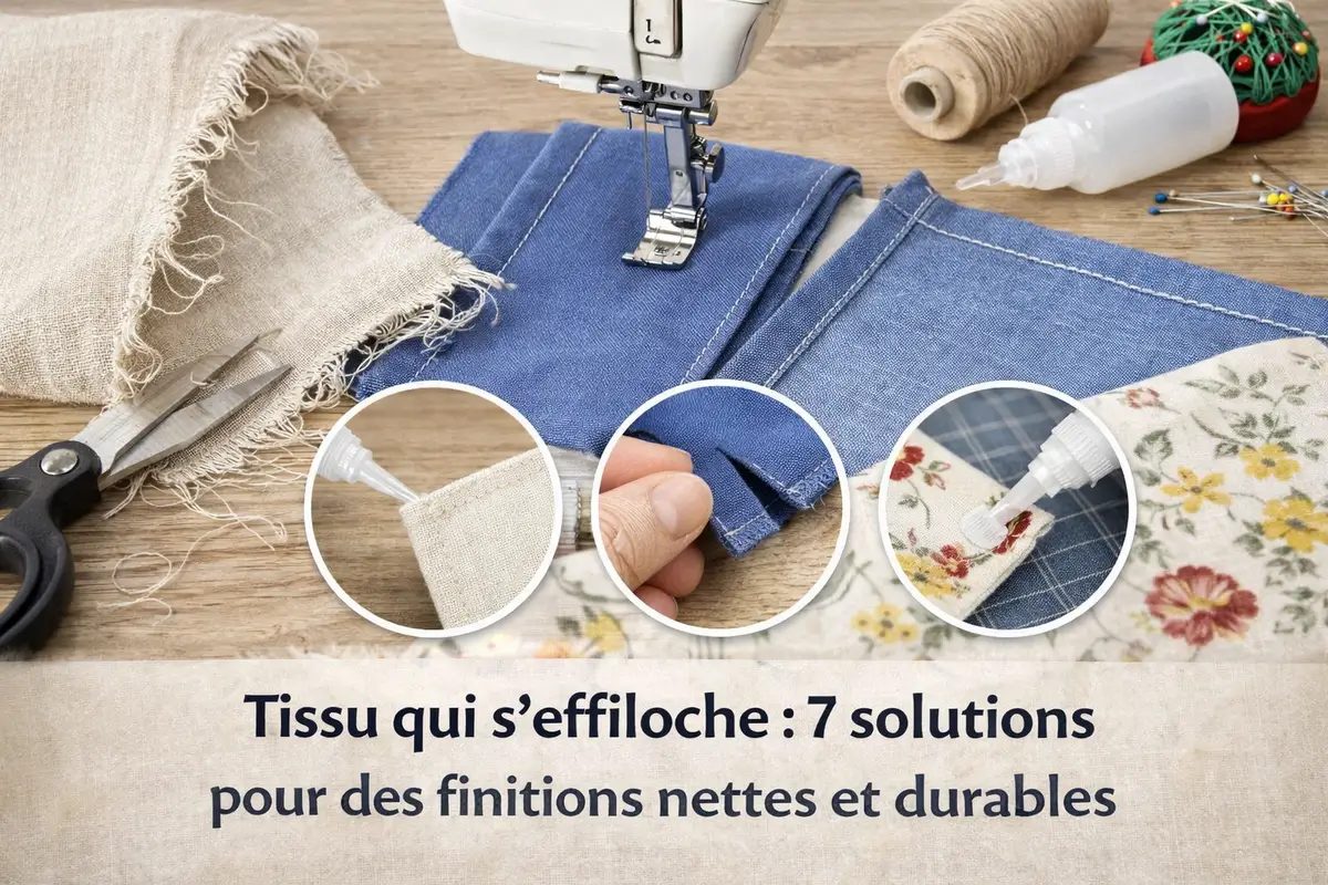 Image hero horizontale illustrant différentes solutions pour éviter qu’un tissu s’effiloche, avec machine à coudre, tissus, ciseaux et finitions textiles