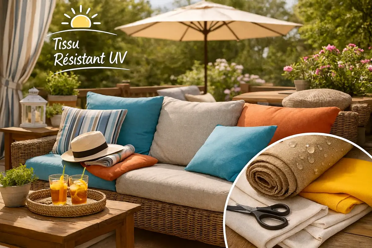 Coussins de terrasse cousus dans un tissu résistant aux UV, idéal pour extérieur, véranda et exposition plein soleil