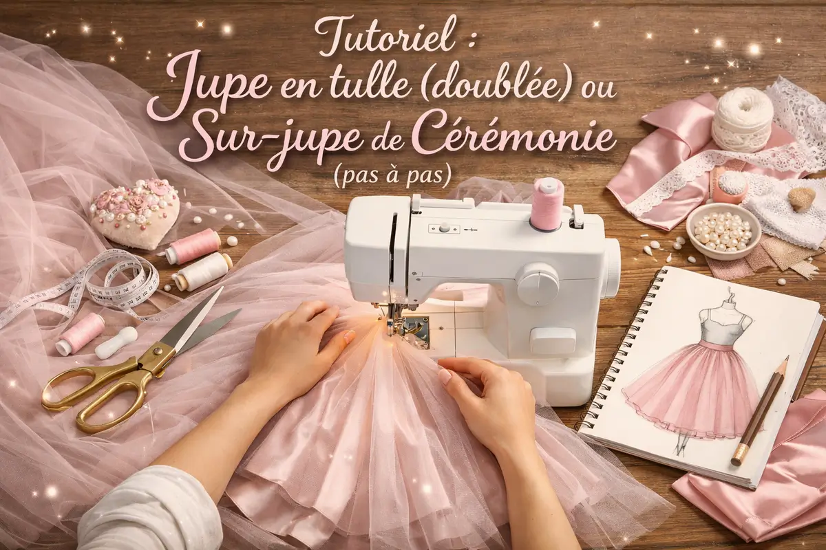 Couture d’une jupe en tulle doublée sur machine à coudre, tutoriel pas à pas pour une sur-jupe de cérémonie