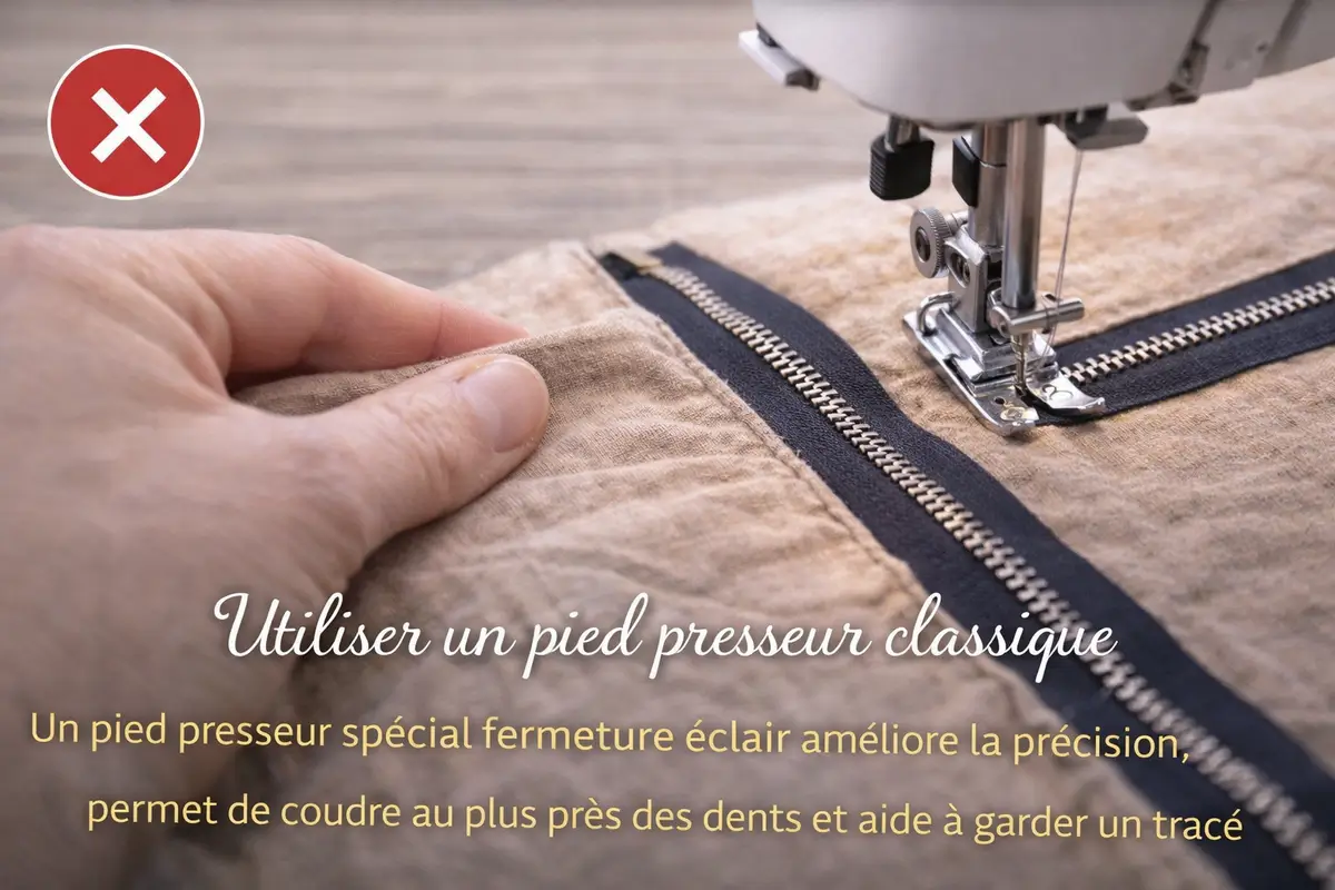 Pied presseur classique utilisé pour poser une fermeture éclair
