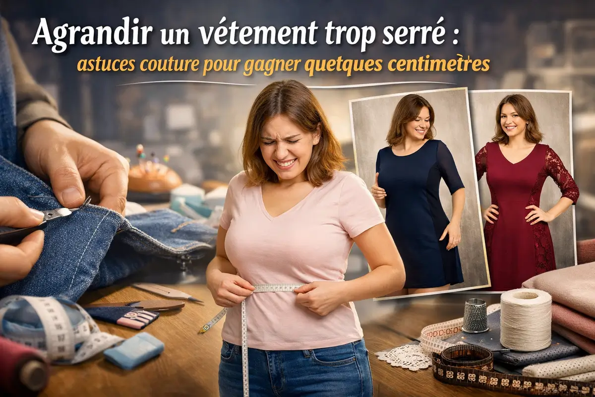 Illustration couture pour agrandir un vêtement trop serré avec reprise des coutures, ajout d’aisance et transformation d’une robe ou d’un haut trop ajusté