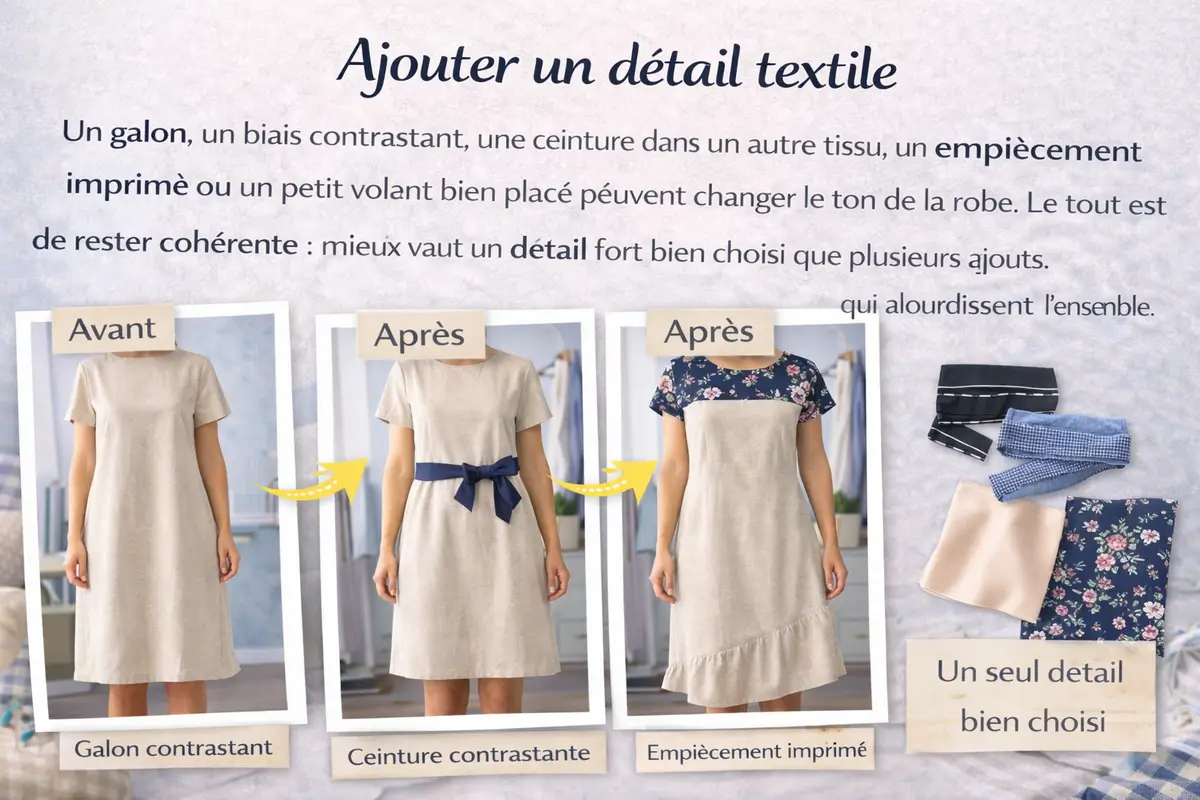 avant après robe customisée avec détail textile galon biais ceinture contrastante couture transformation robe