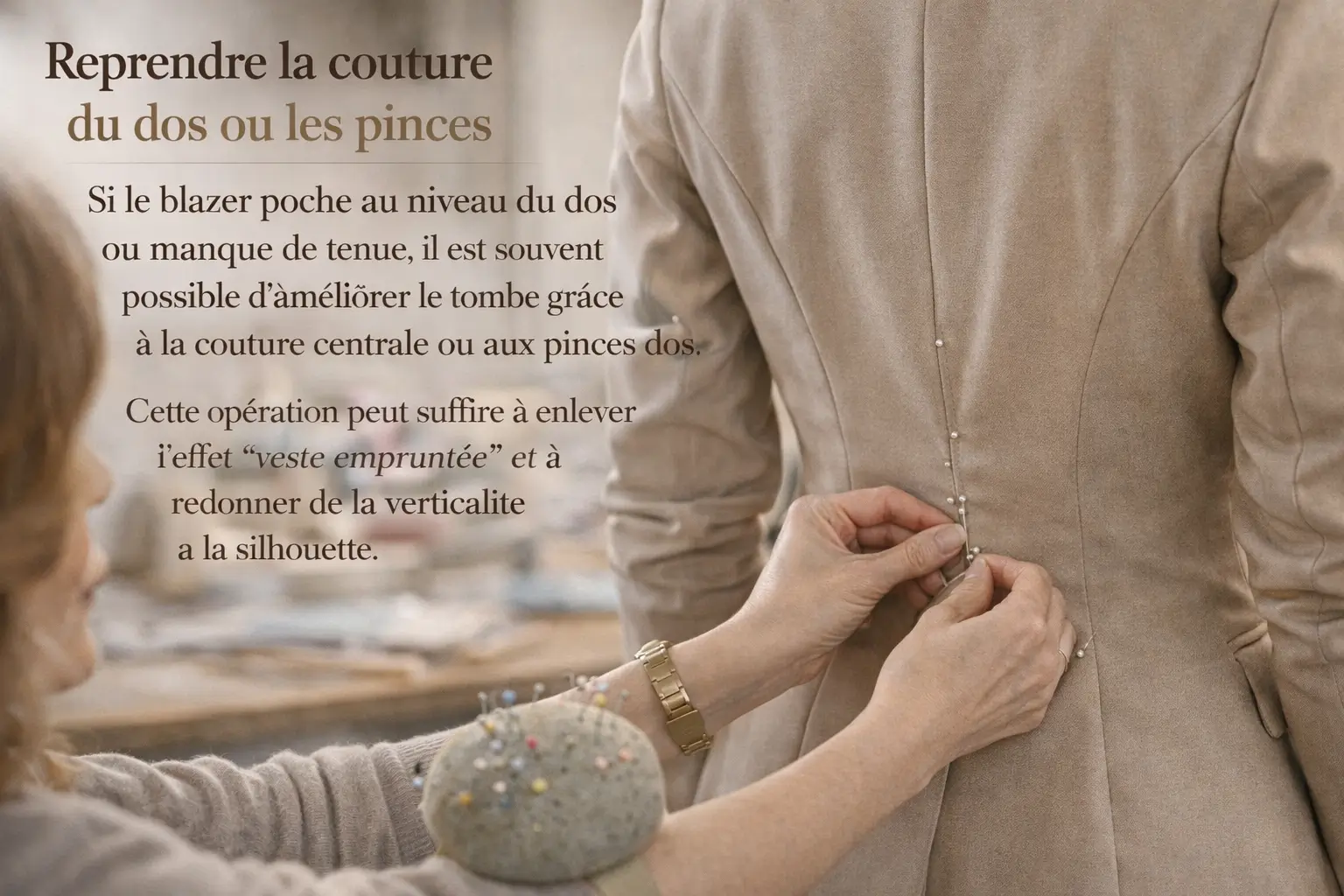Femme portant un blazer beige bien retouché, à la coupe nette et élégante, avec amélioration visible de la silhouette
