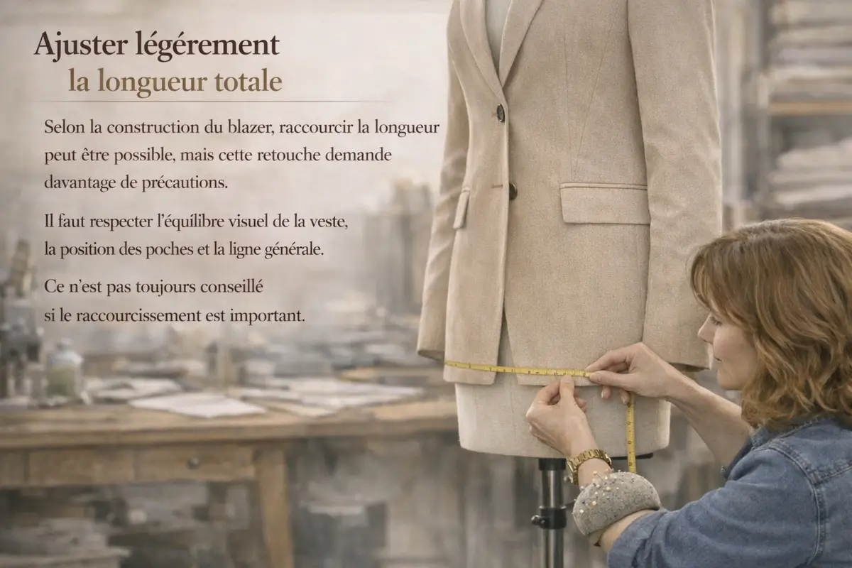 Une couturière ajuste la longueur d’un blazer beige sur un mannequin avec un mètre ruban