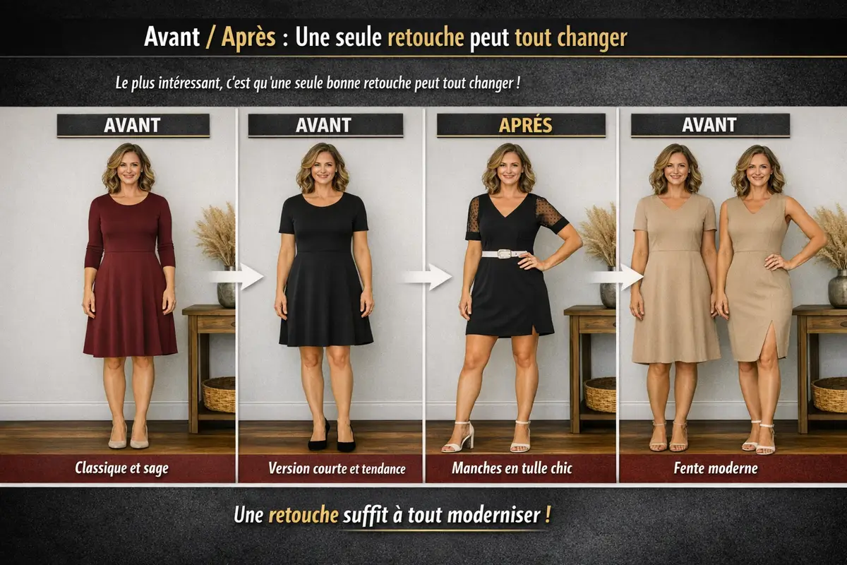 Comparatif avant/après de trois robes transformées par une seule retouche : raccourcir, ajouter des manches en tulle ou créer une fente. Chaque exemple montre qu’une modification simple peut rendre un vêtement plus moderne.