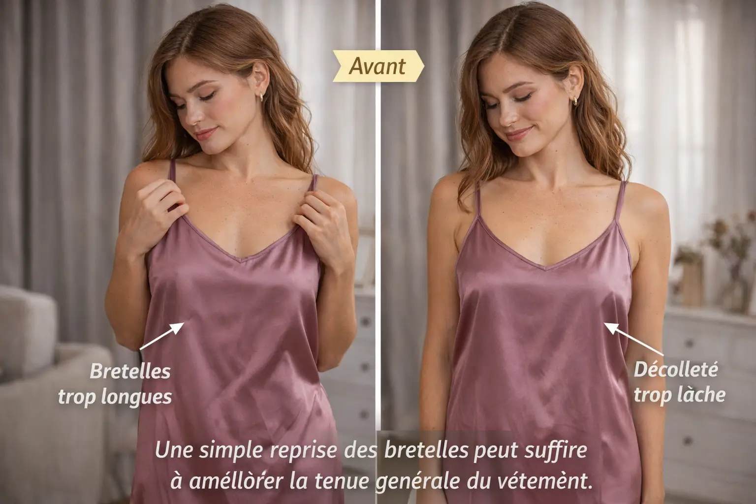 avant apres robe bretelles trop longues et bretelles ajustees retouche couture silhouette amelioree
