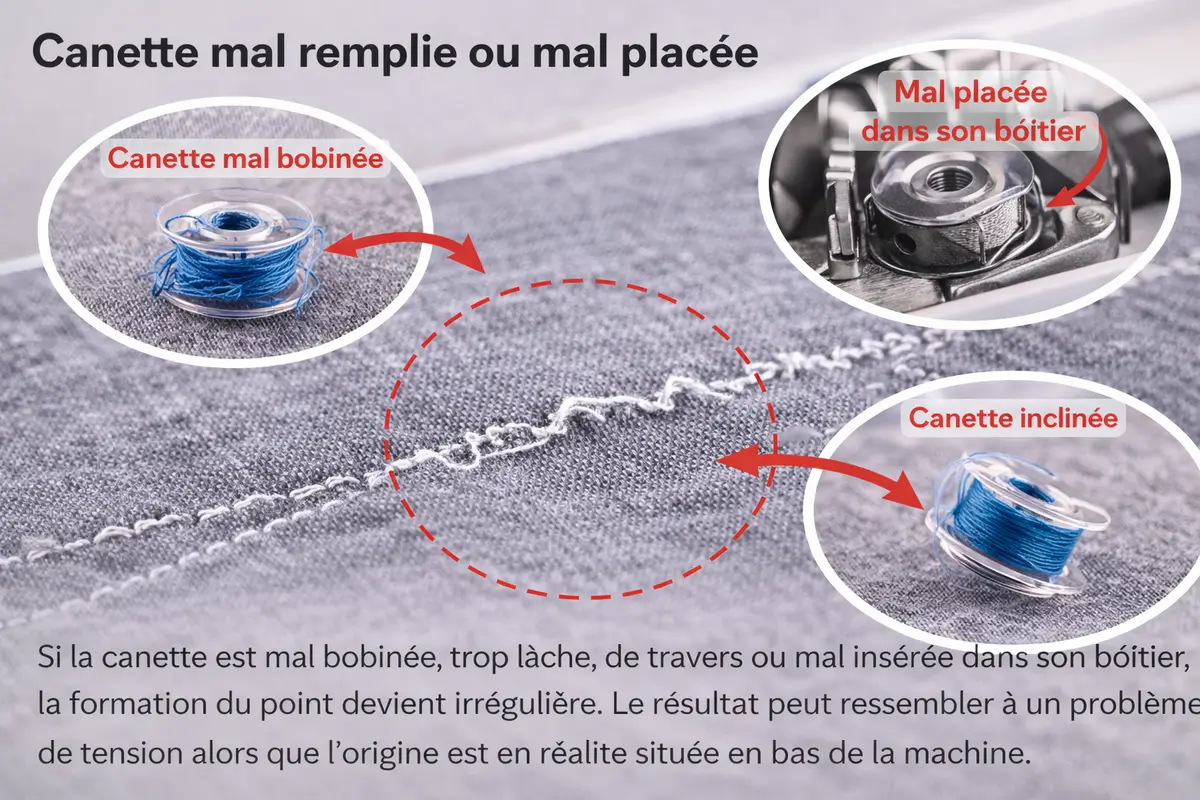 canette mal remplie ou mal placée sur machine à coudre