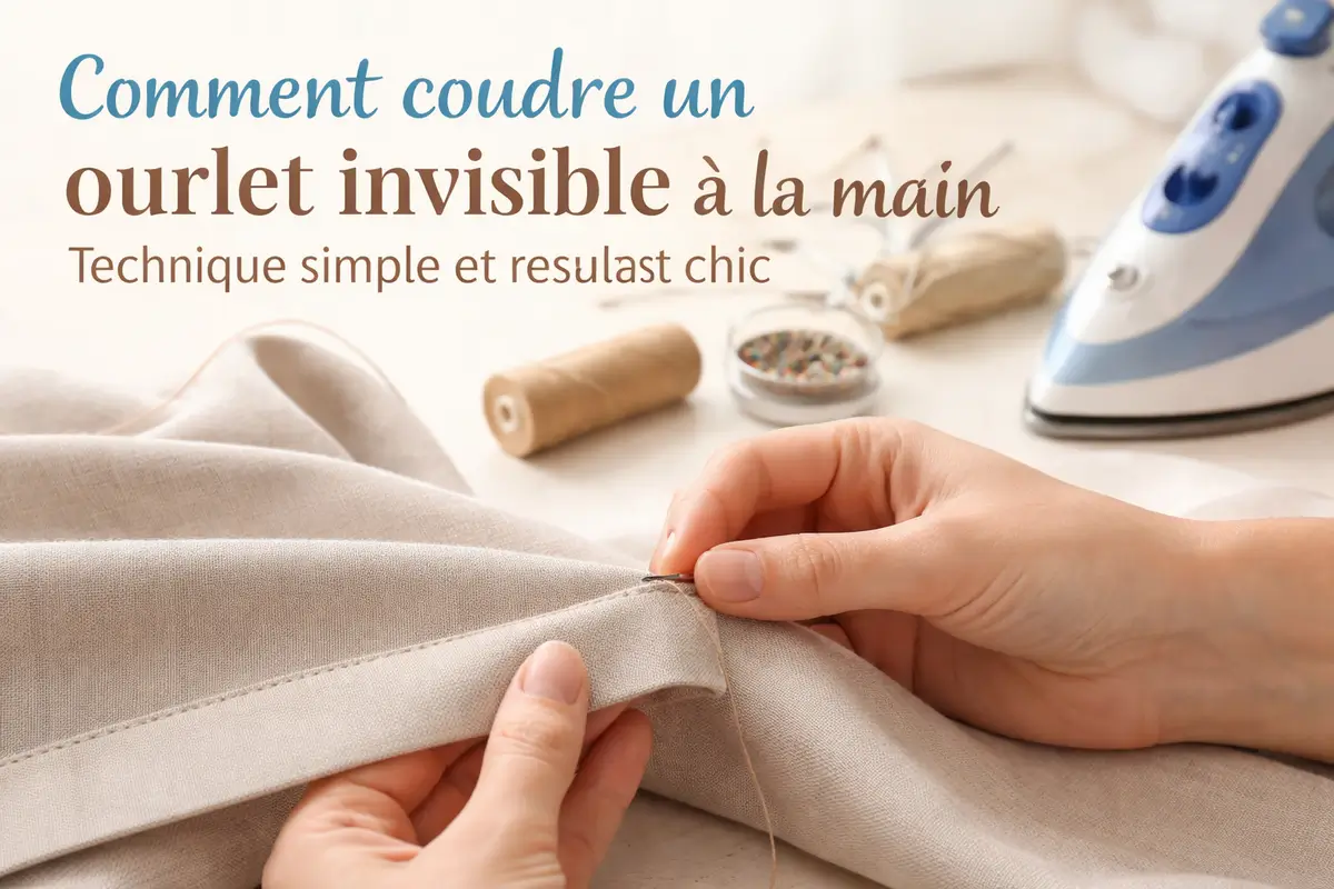 Image hero horizontale montrant un ourlet invisible cousu à la main sur un vêtement avec finition chic et discrète