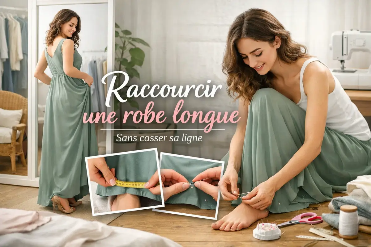 Femme en train de raccourcir une robe longue fluide dans un atelier couture avec épingles, mètre ruban et ourlet en cours