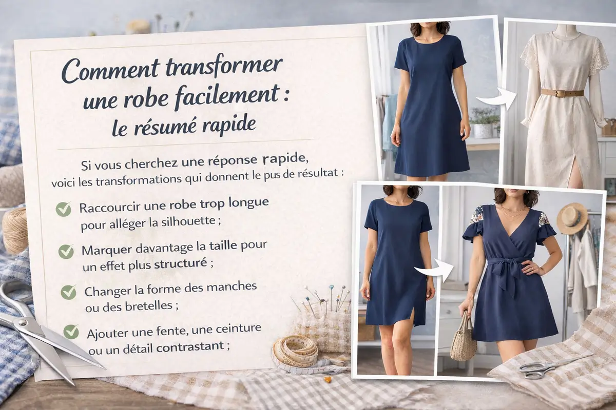 infographie couture comment transformer une robe facilement raccourcir ajuster taille ajouter détails moderniser robe