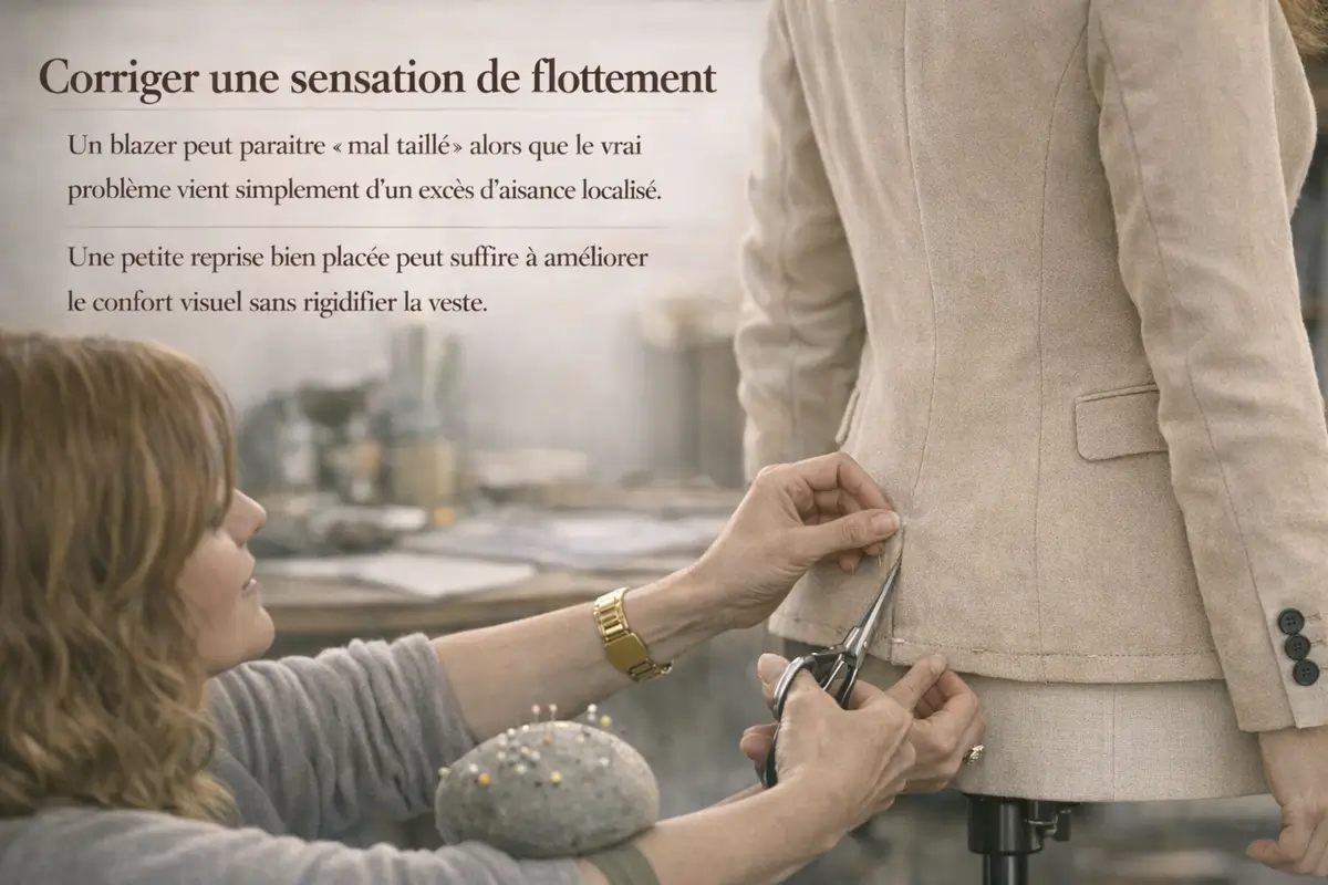 Une couturière ajuste un blazer beige sur une cliente en pinçant légèrement le tissu au niveau de la taille