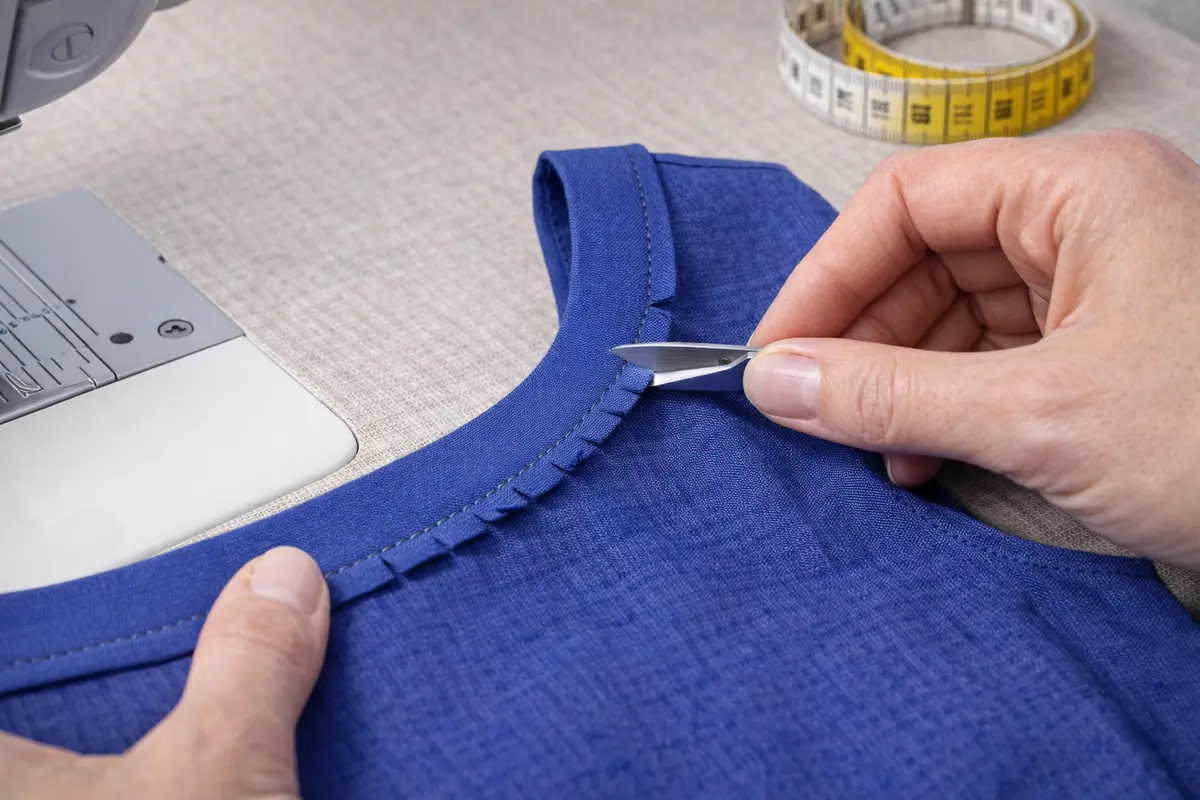 Petites entailles réalisées dans la marge de couture d’une encolure pour aider le tissu à épouser la courbe