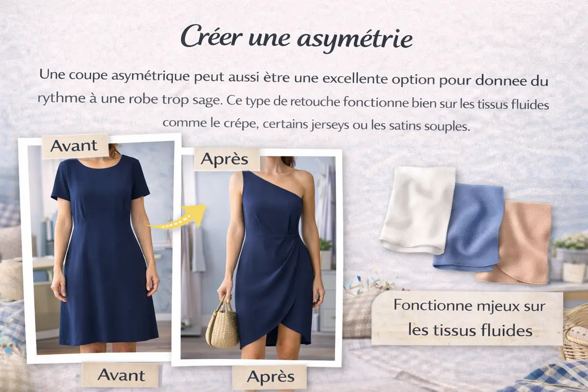 avant après robe asymétrique transformation couture robe classique en robe moderne coupe asymétrique tissu fluide