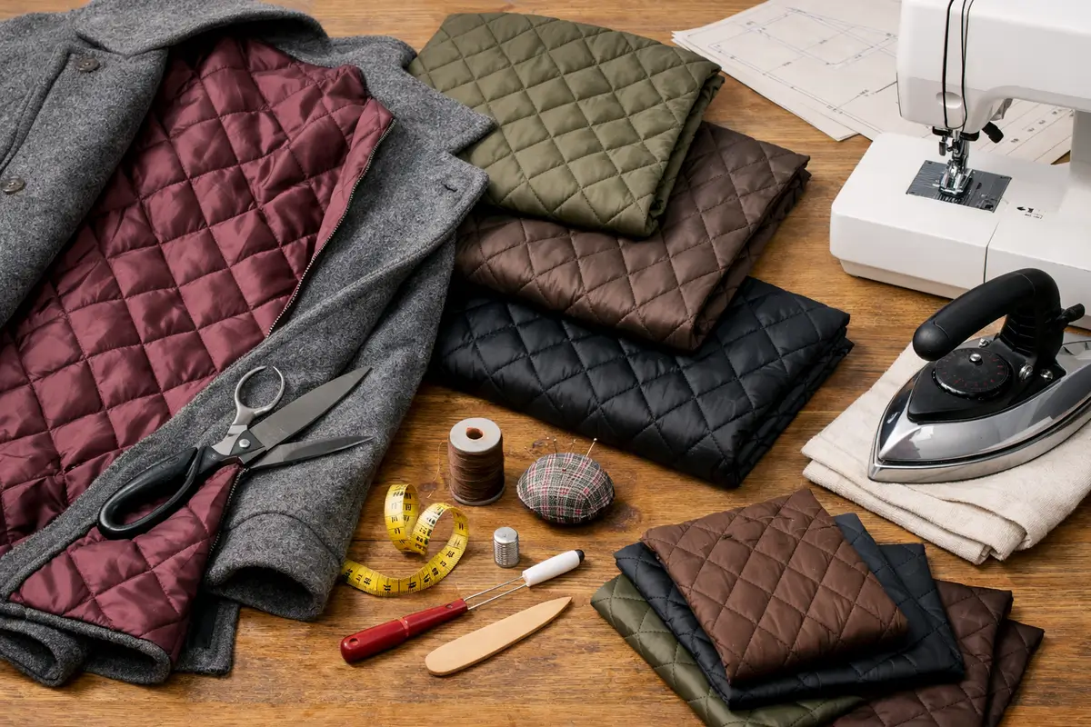 Coudre doublure matelassée : manteau en laine avec doublure matelassée fine visible, outils de couture et tissus matelassés pour doubler une veste