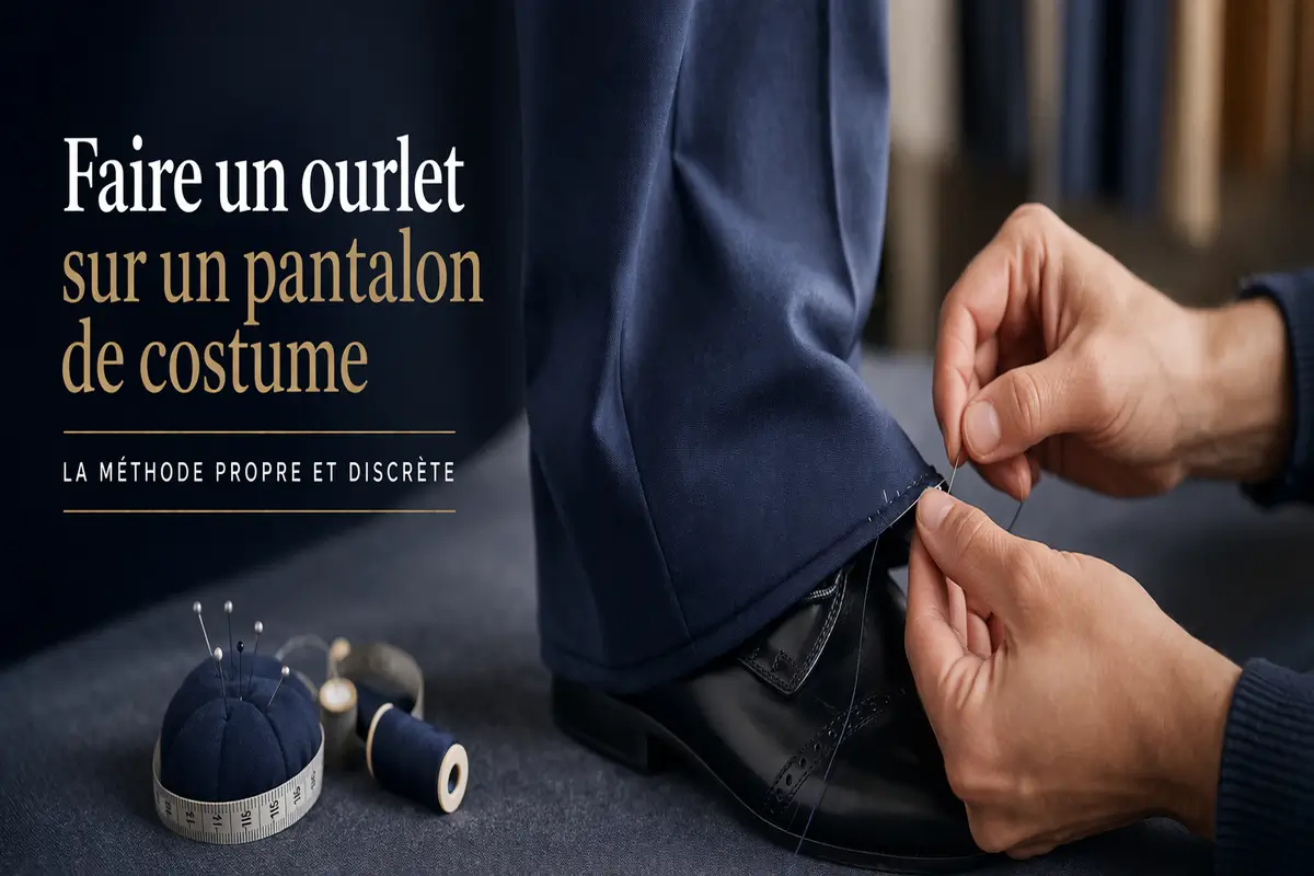 Image hero horizontale montrant la réalisation d’un ourlet discret sur un pantalon de costume bleu marine, avec couture à la main, accessoires de mercerie et mise en scène élégante.
