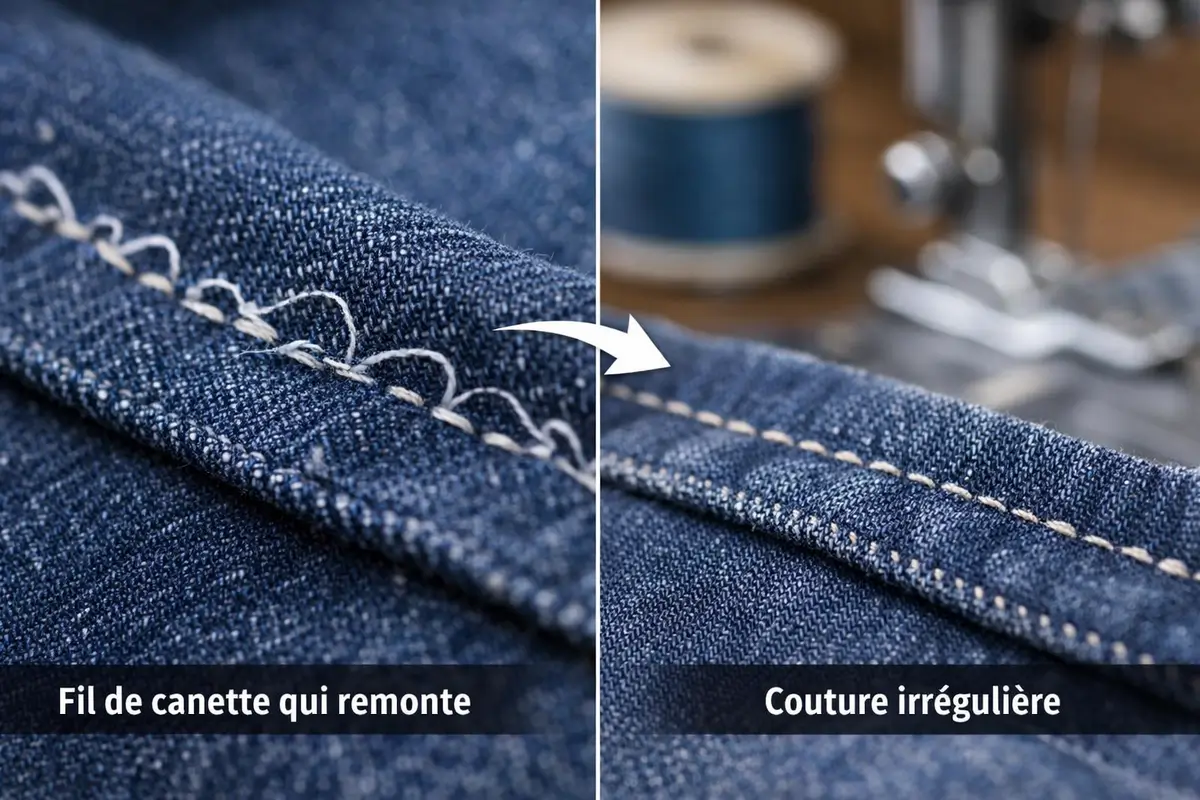 Fil de canette qui remonte sur le dessus du tissu avec couture irrégulière sur machine à coudre