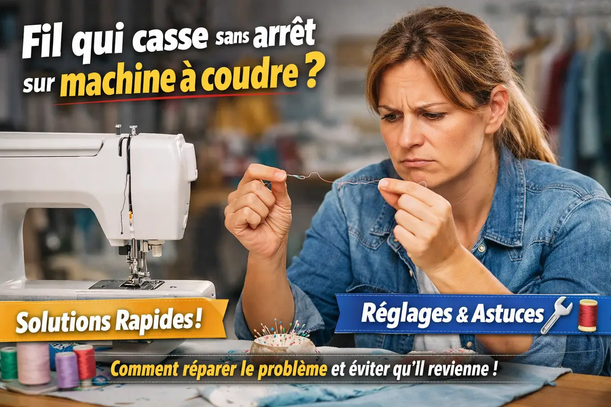 Couturière devant une machine à coudre avec un fil cassé, illustrant les causes et solutions rapides quand le fil casse sans arrêt