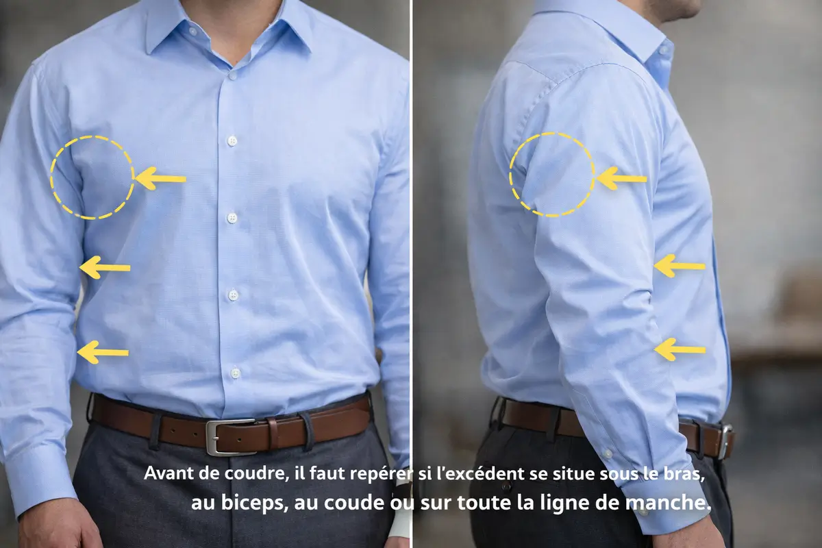Observer une manche trop large avant retouche pour identifier l’excédent sous le bras ou sur toute la longueur