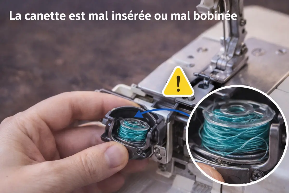 Canette mal insérée ou mal bobinée dans une machine à coudre