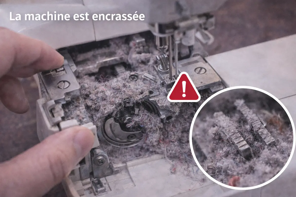 Zone de canette encrassée avec peluches et poussières dans une machine à coudre