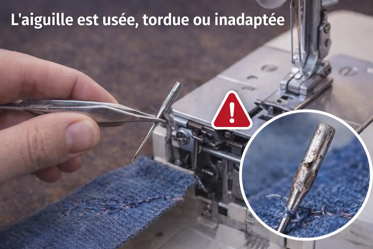 Aiguille de machine à coudre usée ou inadaptée au tissu