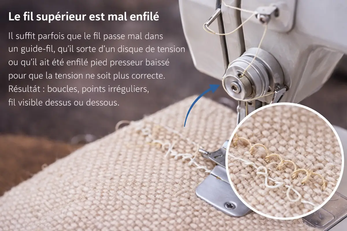 Fil supérieur mal enfilé sur machine à coudre provoquant des boucles et des points irréguliers