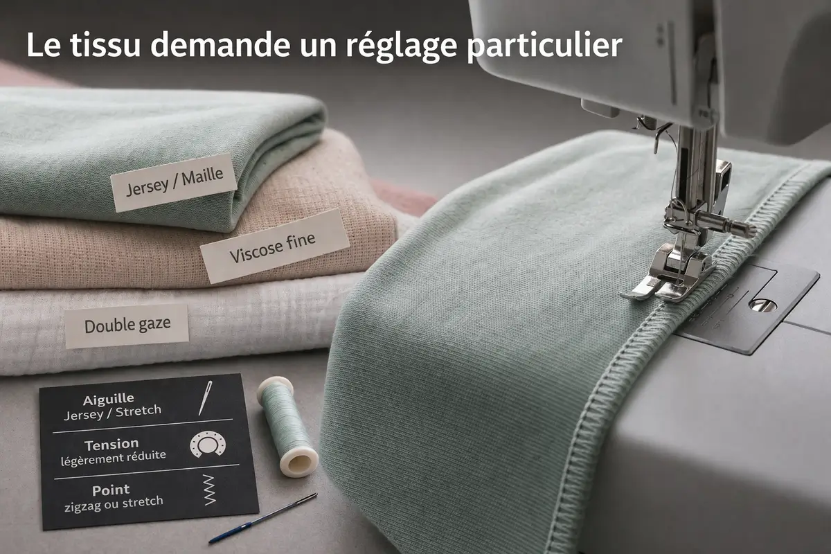 Tissu délicat comme jersey, maille ou double gaze nécessitant un réglage particulier