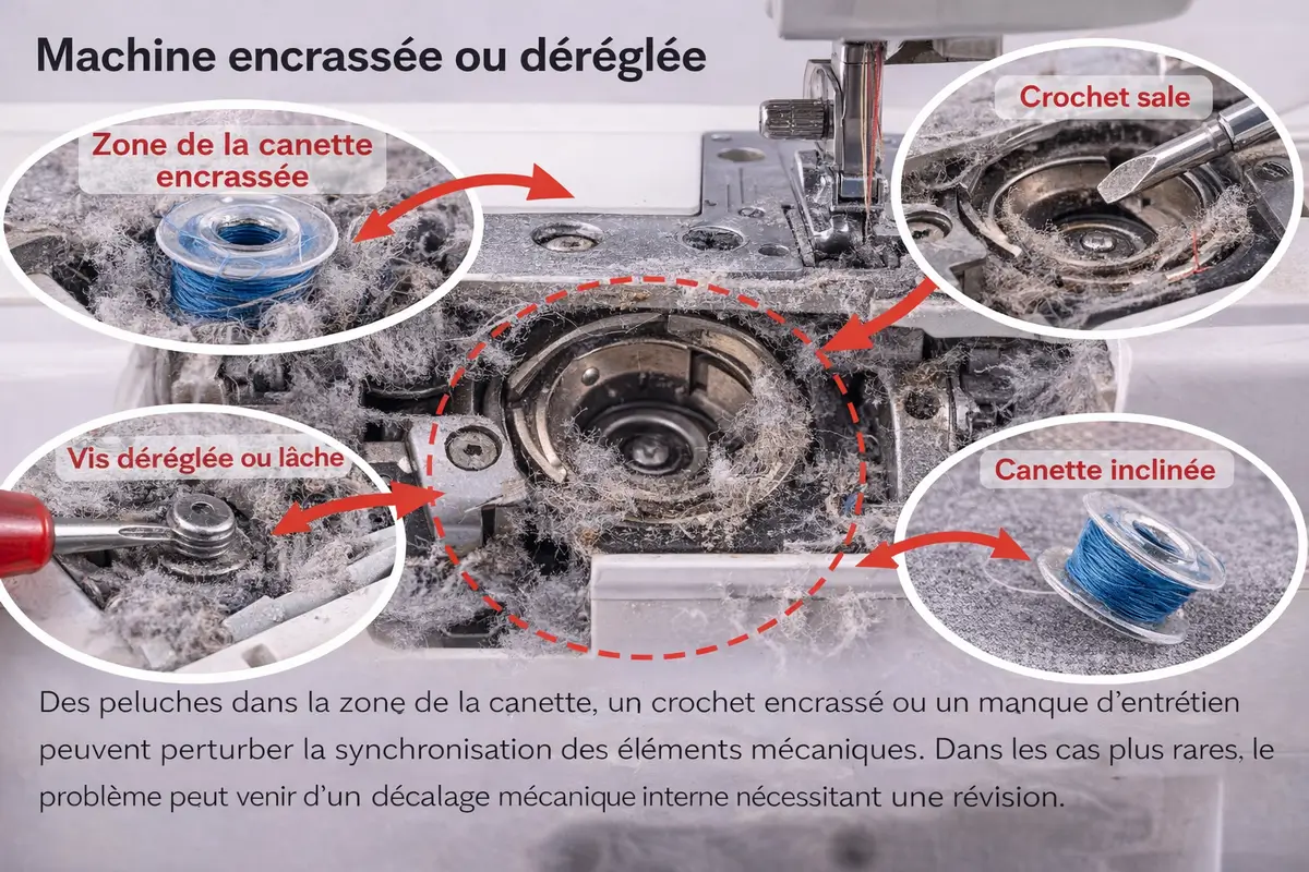 machine à coudre encrassée dans la zone de la canette