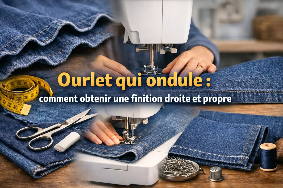 Ourlet qui ondule sur jean avec machine à coudre, illustration d’une finition droite et propre