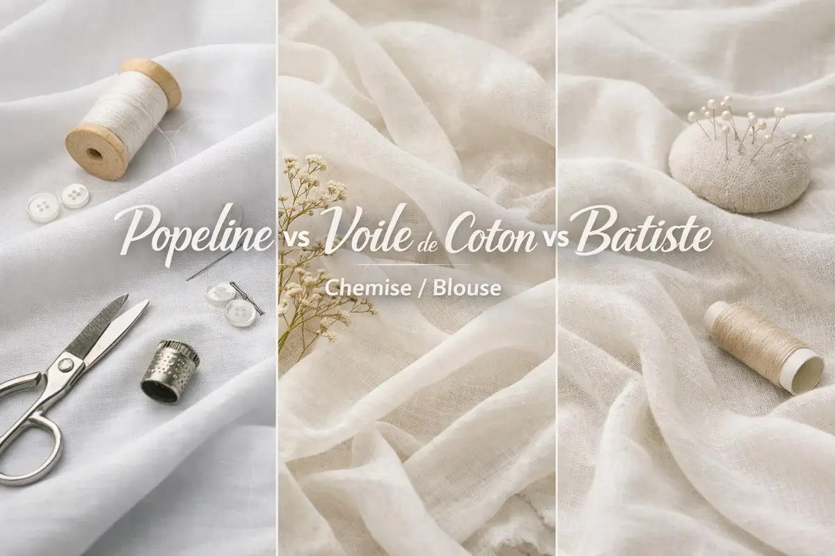 Comparatif popeline, voile de coton et batiste pour coudre une chemise ou une blouse, avec tissus en gros plan et accessoires de couture.