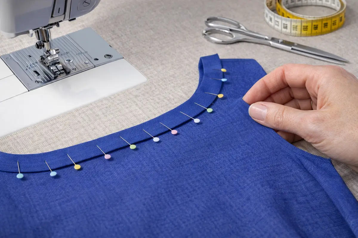 Biais bleu épinglé endroit contre endroit sur une encolure de vêtement avant couture