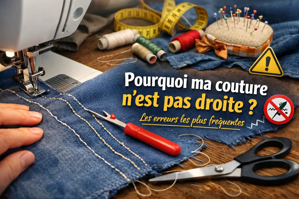 Couturière guidant un tissu sous une machine à coudre pour comprendre pourquoi une couture n’est pas droite et corriger les erreurs les plus fréquentes