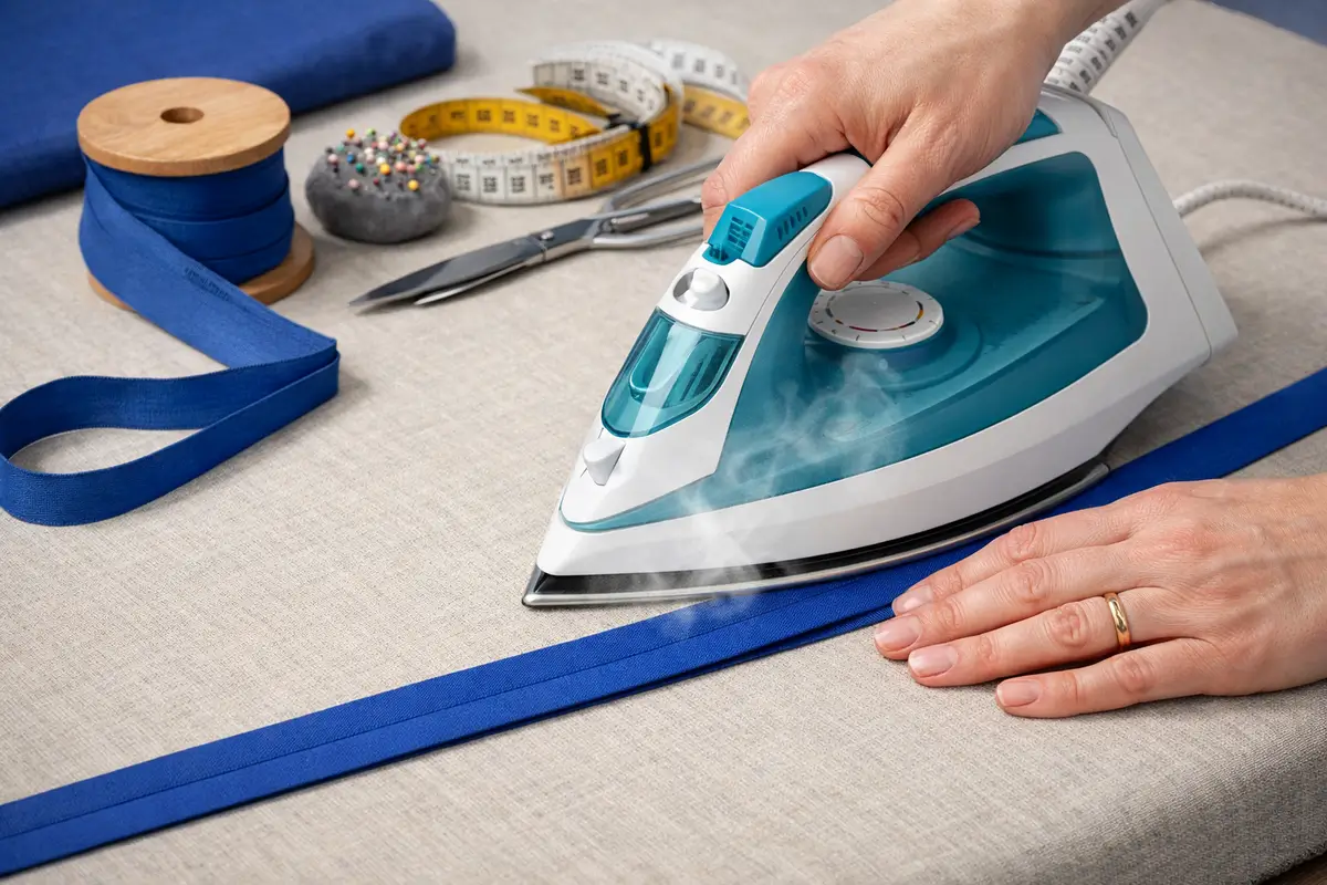 Repassage d’un biais bleu avant couture pour bien marquer les plis et vérifier sa régularité