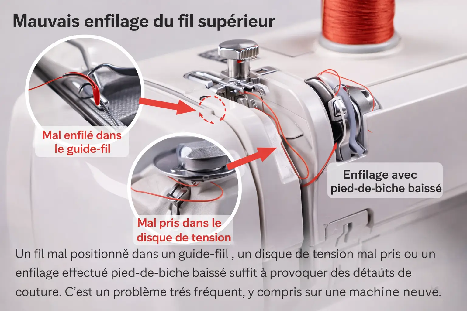 mauvais enfilage du fil supérieur sur machine à coudre