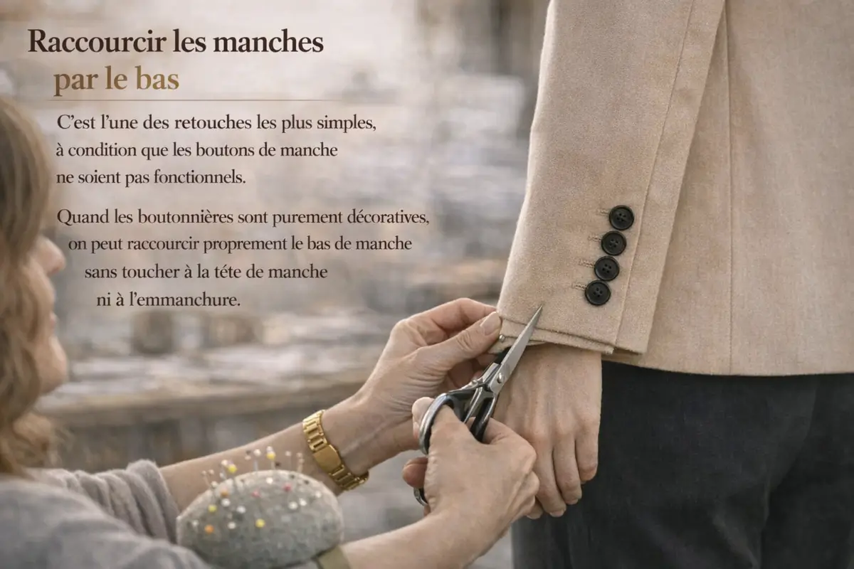 Une couturière ajuste la longueur de la manche d’un blazer beige en coupant le bas du tissu