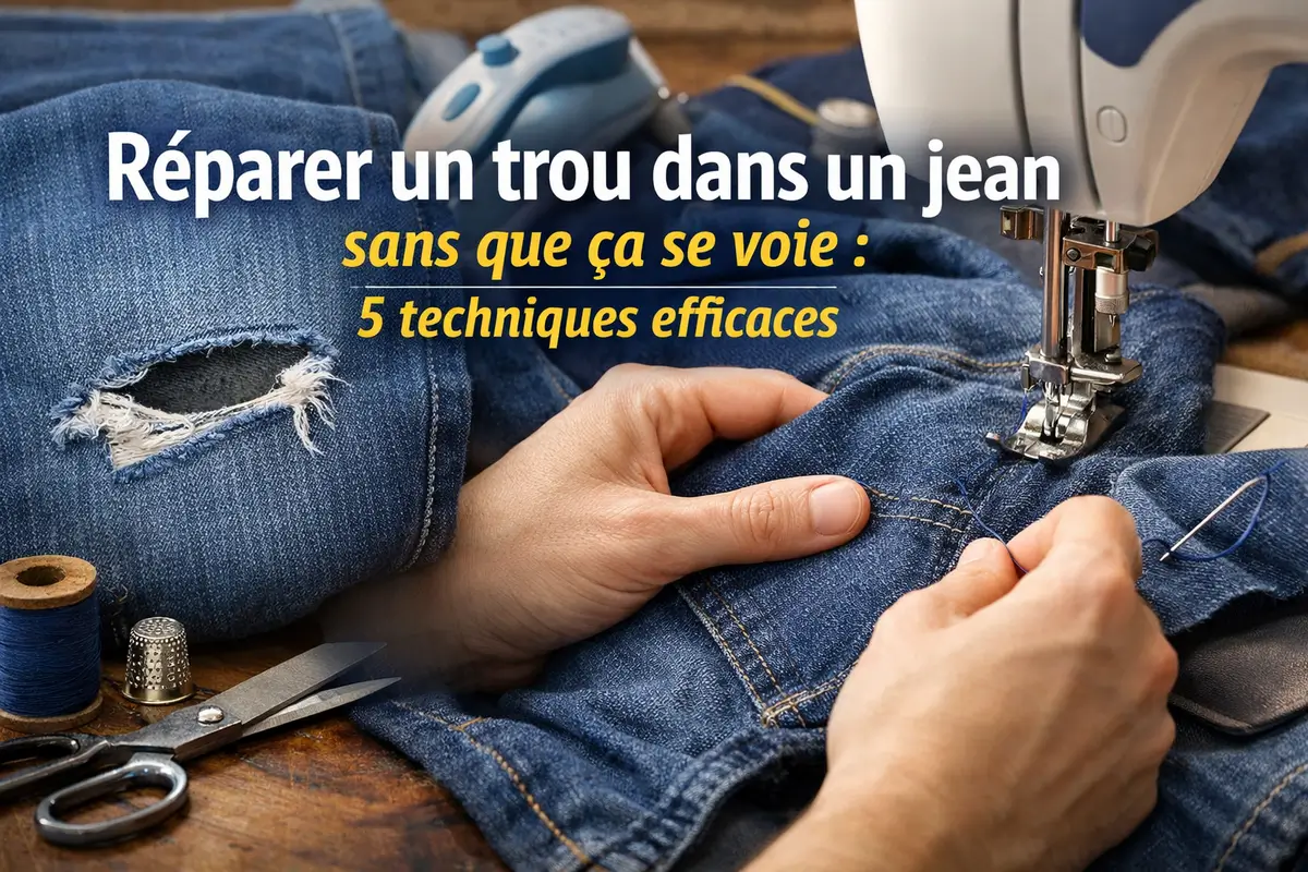 Réparation discrète d’un trou dans un jean bleu avec couture de reprise invisible et renfort intérieur en denim