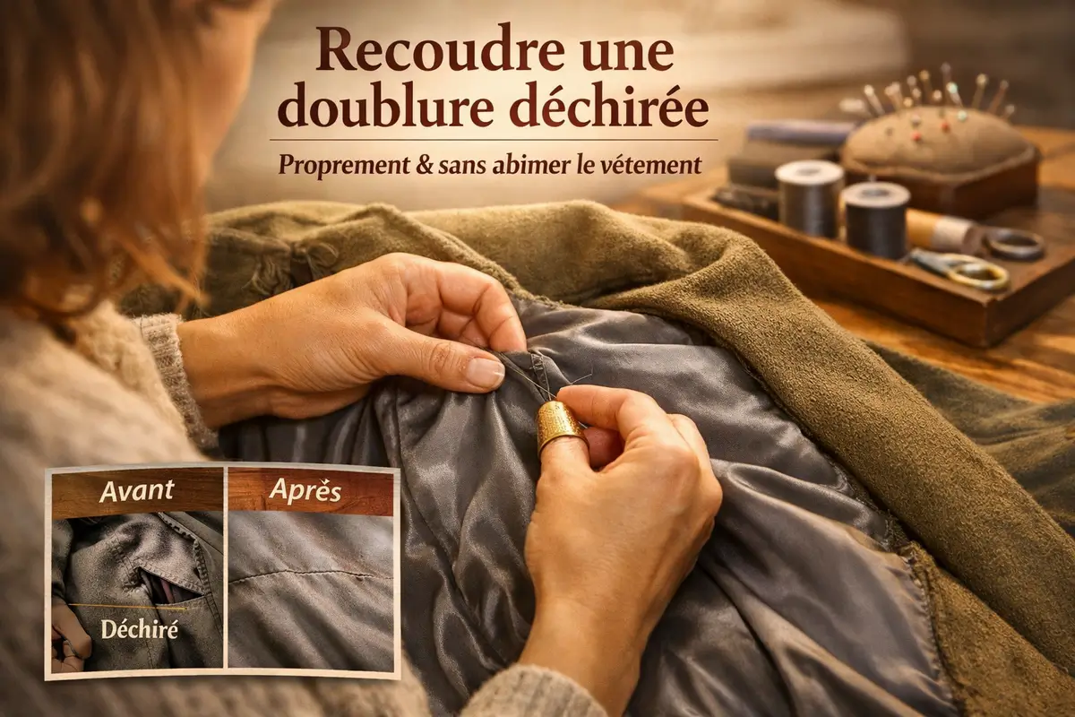 Réparation d’une doublure déchirée à la main avec couture invisible dans un manteau