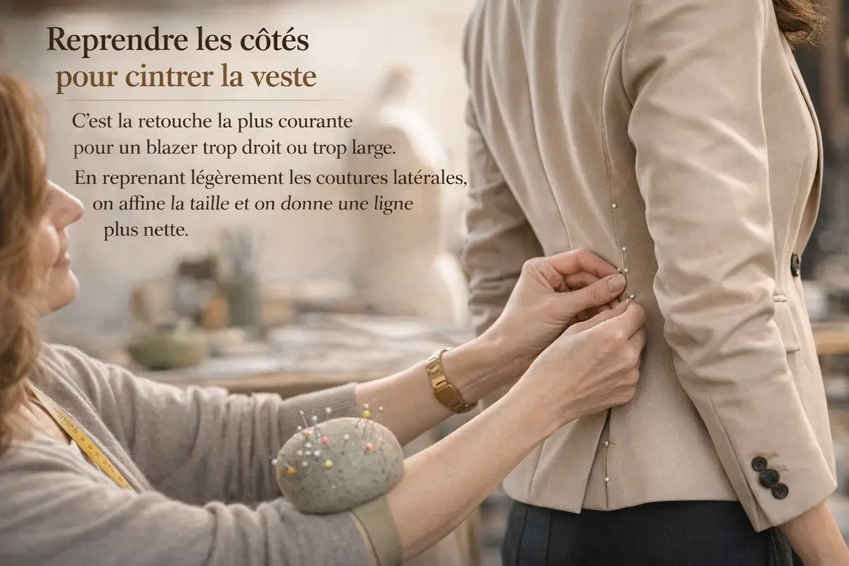 Couturière en train d’épingler les côtés d’un blazer beige pour le cintrer et affiner la taille