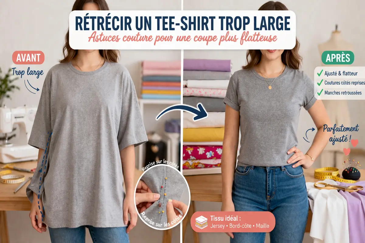 Illustration horizontale avant/après montrant un tee-shirt trop large retouché en couture pour obtenir une coupe plus ajustée et flatteuse, avec ambiance atelier et accessoires de couture