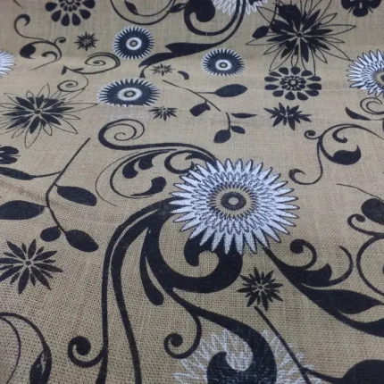 Toile de jute imprimée fleurs noir laminée Mandala naturel