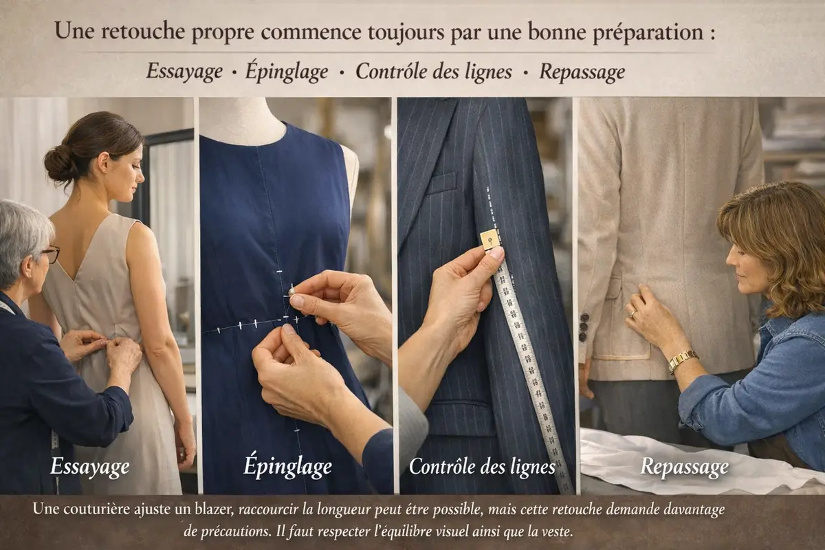 Préparation d’une retouche de blazer avec essayage, épinglage, contrôle des lignes et repassage en atelier de couture