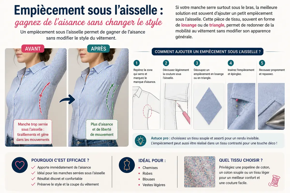 Tutoriel couture montrant comment ajouter un empiècement sous l’aisselle pour élargir une manche trop serrée et gagner en aisance sans modifier le style du vêtement