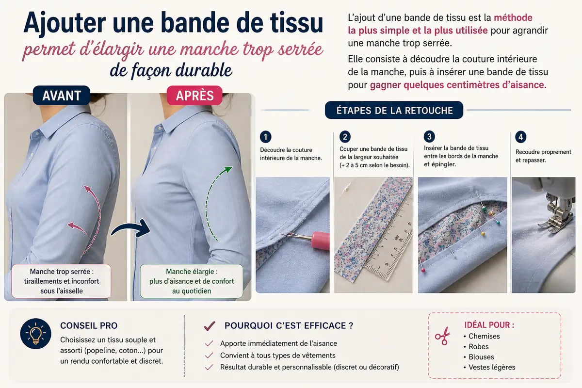 Tutoriel couture montrant comment ajouter une bande de tissu pour élargir une manche trop serrée et gagner quelques centimètres d’aisance