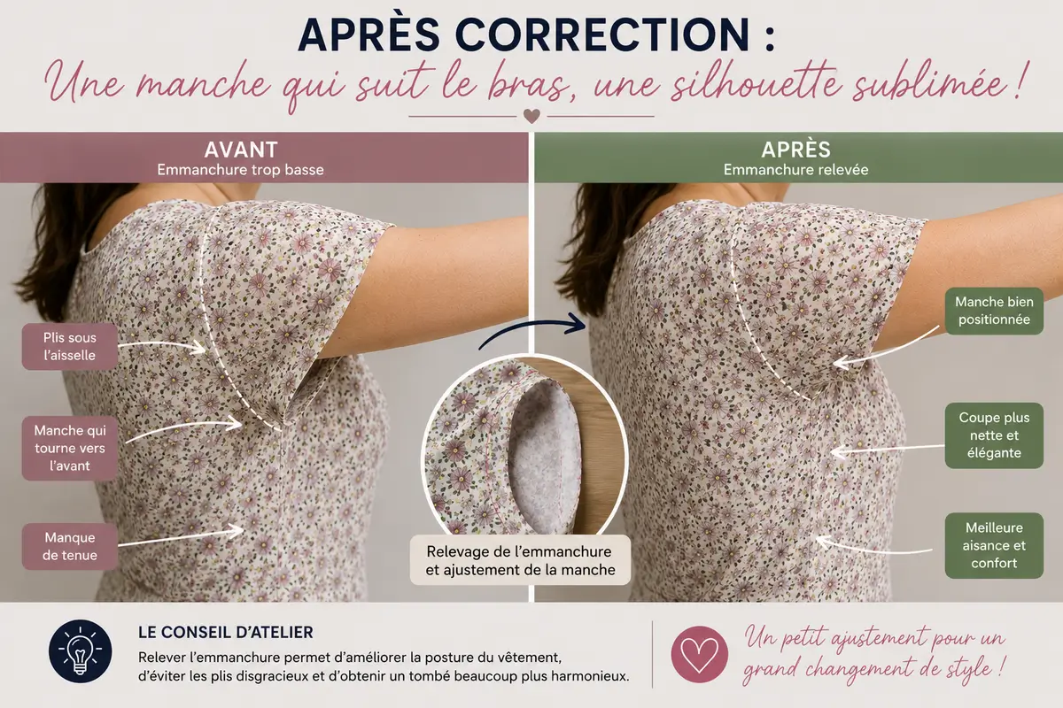 Avant après retouche couture emmanchure trop basse sur chemise femme